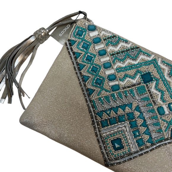 NWT Chico's Clutch Bag Beaded Embroidered Geometric Tassel Zipper Aqua Silver - Picture 3 of 11